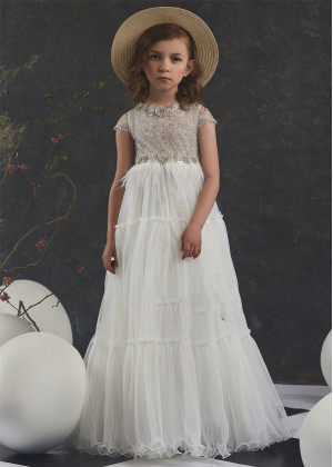 Beaded Ivory Lace Pleated Tulle Curly Hem Flower Girl Dress